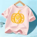 Kids Halloween pumpkin sunflower print pink short sleeve t-shirt casual holiday top - 110cm / Pink Cotton