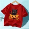 Kids Halloween short sleeve t-shirt, cute black cat pumpkin graphic tee for boys and girls. - 110cm / Tops / Red