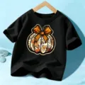 Kinder Halloween Kürbis Blumen Grafik Kurzarm T-Shirt, lässiges schwarzes Top für Jungen und Mädchen. - 110cm / Baumwolle Schwarz