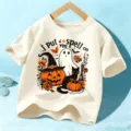 Kids Halloween short sleeve t-shirt, cute ghost and pumpkin graphic tee, boys girls holiday top. - Cotton Apricot