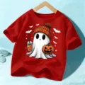 Kids Halloween Cute Ghost Graphic Short Sleeve Red T-Shirt Festive Children Tee - 110cm / Red