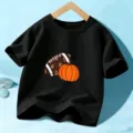 Kids fall football short sleeve t-shirt, black graphic holiday top for boys and girls. - 110cm / Cotton Style Black