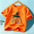 Kids Halloween Orange Short Sleeve T-Shirt Witch Hat Graphic Children Festive Tops Clothing - Orange Cotton