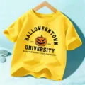 Kids yellow short sleeve Halloween pumpkin print casual t-shirt for boys and girls. - Washed Yellow