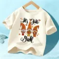 Kinder Herbst Kurzarm T-Shirt beige süßes Gnom Grafik Casual Kinder Oberteil Top - Baumwolle Aprikose