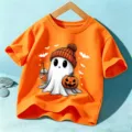Kids Halloween orange short sleeve t-shirt with cute ghost and pumpkin print casual holiday top. - Orange