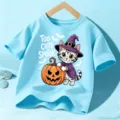 Kids Halloween cute cat pumpkin print short sleeve t-shirt casual top light blue clothing - Blue Cotton