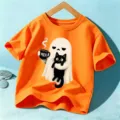 Kids Halloween Orange T-Shirt Cute Ghost Cat Graphic Short Sleeve Top for Boys and Girls - Cotton Orange