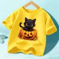 Kids Halloween yellow short sleeve t-shirt with cute black cat and pumpkin print. - Yellow