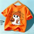 Camiseta Manga Corta Halloween Niños Lindo Fantasma Calabaza Naranja Top Festivo Infantil - Algodón Naranja