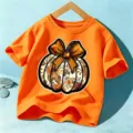 Kids Halloween Orange T-Shirt Cute Pumpkin Bow Print Short Sleeve Holiday Tops Apparel - Cotton Orange