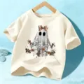 Niños Halloween lindo fantasma gráfico manga corta camiseta beige ropa infantil - Albaricoque