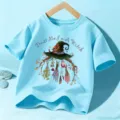 Kids Halloween Witch Print Short Sleeve T-Shirt Children Casual Round Neck Top Apparel - Blue Cotton