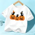 Παιδικό μπλουζάκι Halloween κοντομάνικο με μαύρη γάτα και κολοκύθα λευκό τοπ χαριτωμένο - 110cm / Λευκό Βαμβάκι