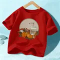 Κόκκινο παιδικό t-shirt με σχέδιο φθινοπωρινής κολοκύθας και καφέ για το Χαλοουίν. - 110cm / Πλυμένο Κόκκινο