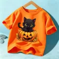 Kids Halloween orange short sleeve t-shirt with cute black cat and pumpkin graphic top - Orange