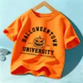 Orange kids short sleeve t-shirt with Halloween pumpkin letter print casual cotton top - Orange Cotton