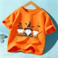 T-shirt orange d'Halloween pour enfants avec joli imprimé de gnomes sorcières, haut casual. - Coton Orange