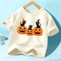 Maglietta a maniche corte di Halloween per bambini con stampa grafica di gatto nero e zucca. - Cotone Beige