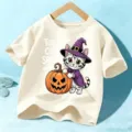 Halloween kids short sleeve t-shirt cute cat pumpkin graphic children festive top clothing - Cotton Apricot