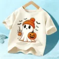 Camiseta de manga corta de Halloween para niños bonito gráfico de fantasma calabaza top casual unisex - Albaricoque
