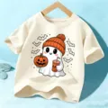 Niños Halloween Lindo Fantasma Impresión T-Shirt Manga Corta Top Casual para Chicos y Chicas - Algodón Beige