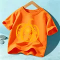 Kids orange Halloween short sleeve t-shirt with pumpkin sunflower graphic print top - Orange Cotton