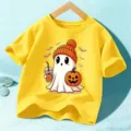 T-shirt manches courtes enfant Halloween avec impression fantôme dessin animé, haut jaune. - Jaune