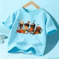 Camiseta de manga corta azul claro para ninos con bonito grafico de cafe y calabaza top - Algodón Azul