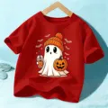 Camiseta de manga corta para niños de Halloween, top gráfico de fantasma calabaza para niños y niñas. - 110cm / Tops / Rojo
