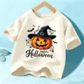Παιδικό T-shirt κοντομάνικο με στάμπα κολοκύθας Halloween, χαριτωμένο γιορτινό τοπ. - Beige Vamvaki