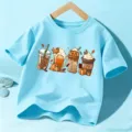 Kids Halloween short sleeve t-shirt with cute pumpkin coffee print, light blue top for kids. - Blue Cotton