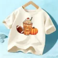 Kids short sleeve t-shirt featuring fun autumn pumpkin and coffee graphic for Halloween holiday wear. - Beige Cotton