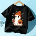 Niños Halloween Camiseta Negra Lindo Fantasma Calabaza Gráfico Top Niño Vacaciones Manga Corta - 110cm / Tops / Negro