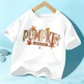 Kids white short sleeve t-shirt with cute pumpkin season print for autumn and holiday wear. - 110cm / Cotton White