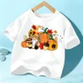 Camiseta blanca de manga corta para niños con bonito estampado gráfico de calabaza otoñal. - 110cm / Blanco