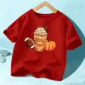 Kids red short sleeve t-shirt with cute autumn pumpkin and football graphic for kids - 110cm / Tops / Washed Red