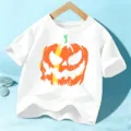 Kids Halloween short sleeve t-shirt, cute festive pumpkin graphic top for boys and girls. - 110cm / White