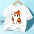 Camiseta blanca de manga corta de Halloween para niños con bonito estampado de fantasma de algodón. - 110cm / Tops / Blanco