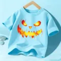 T-shirt manches courtes Halloween pour enfants, haut en coton bleu clair imprimé citrouille. - Coton Bleu