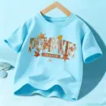 Kinder Herbst Kurzarm T-Shirt, hellblau süßes Kürbis Buchstaben Grafik Kinder Oberteil - Blaue Baumwolle