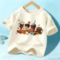 Camiseta corta beige para niños con estampado gráfico de café de otoño y calabaza linda. - Algodón Beige