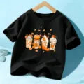 Kids black t-shirt cute autumn pumpkin coffee graphic short sleeve holiday top for boys girls - 110cm / Cotton Black
