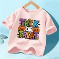 Cute pink kids short sleeve t-shirt with funny Halloween pumpkin ghost print graphic top. - 110cm / Tops / Pink Cotton