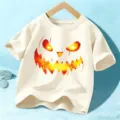 T-shirt Halloween pour enfants manches courtes motif citrouille effrayante haut garçons filles quotidien - Coton Beige