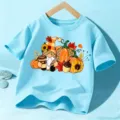 Kinder herfst Halloween korte mouw t-shirt, schattige gnoom pompoen print top voor jongens meisjes. - Blauw