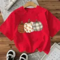 Rood t-shirt met korte mouwen en een herfst pompoen grafische print voor dames dagelijkse kleding. - S / Tops / Rood