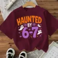 Γυναικείο κοντοmάνικο μπλουζάκι Halloween με τύπωμα, casual vintage τοπ με στρογγυλή λαιμόκοψη. - Βαμβακερό Μπορντό