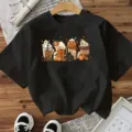 Halloween zwart t-shirt met korte mouwen en schattige spook pompoen koffie grafische top. - S / Zwart