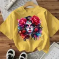 Women Yellow Short Sleeve T-Shirt Casual Festival Sugar Skull Graphic Top Halloween Tee - Yellow